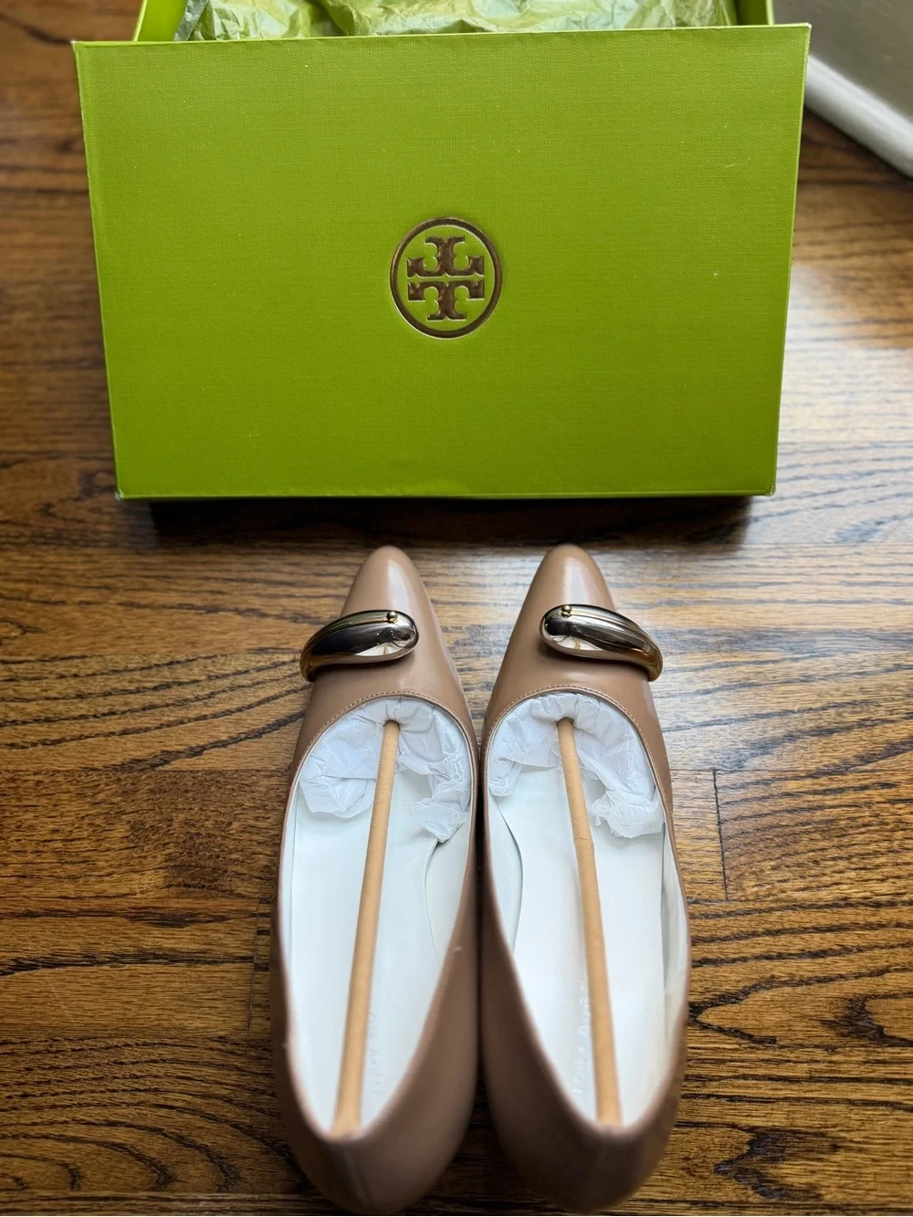 Tory Burch Pierced Pump Tan Leather Block Heel Pumps with Metallic Accent.